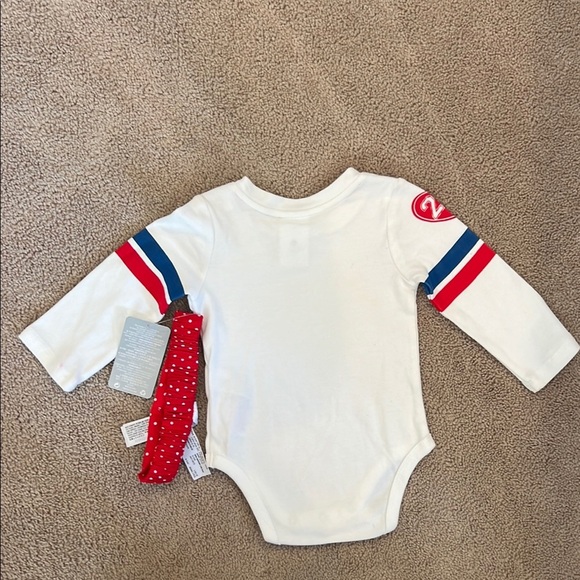 White Long Sleeve Baby Onesie with Red and Blue Accents - Picture 4 of 5